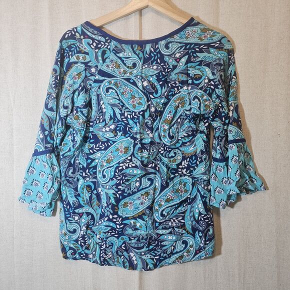 Vera Bradley Womens Medium Paisley Floral Print Blue Bell 3/4 Sleeve Top V Neck - Picture 6 of 7